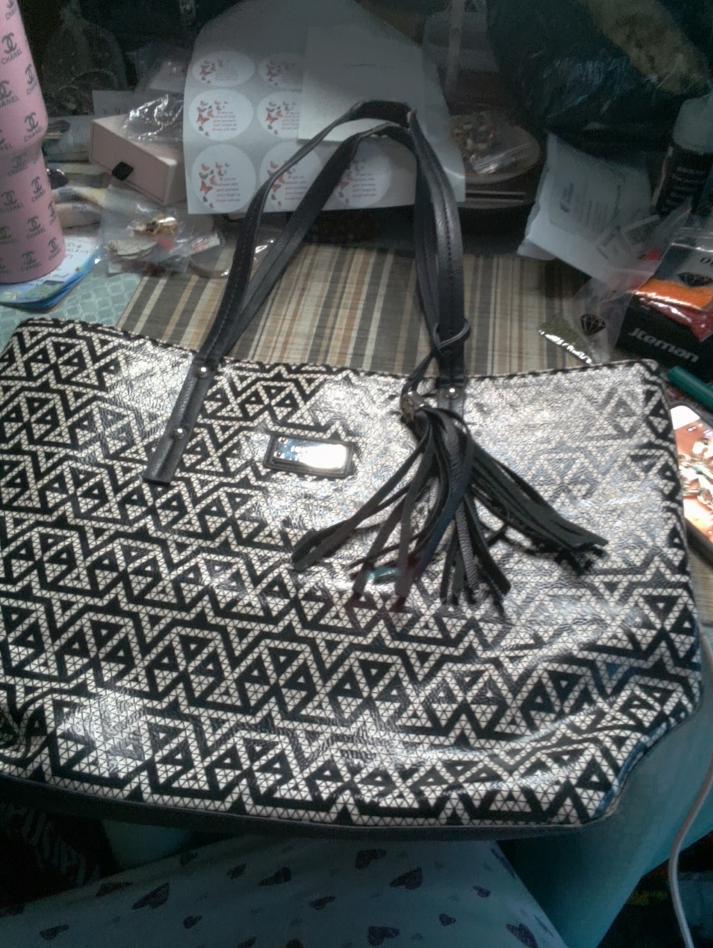 Nine West Black & Cream Geometric Tote with Tassel
